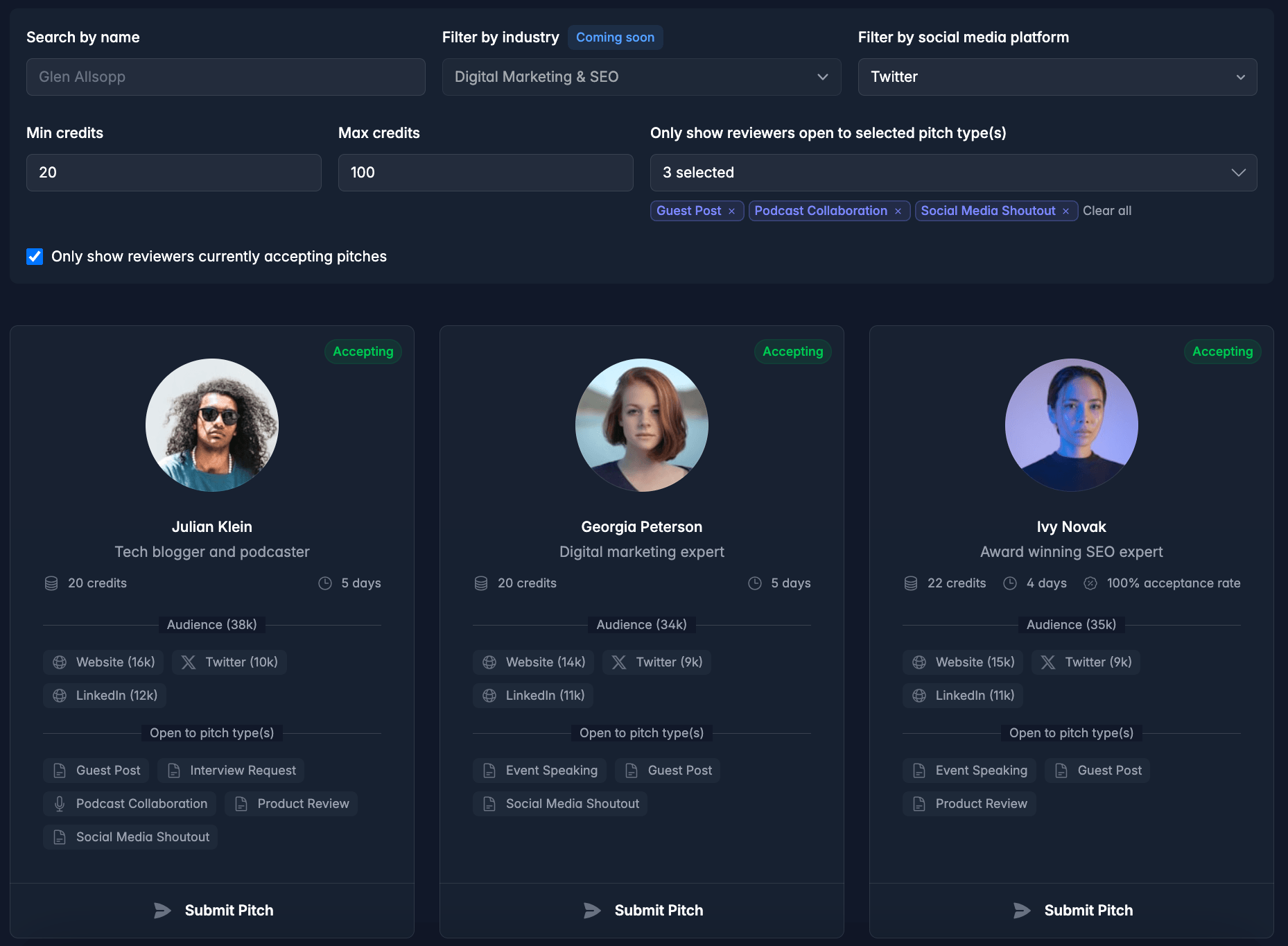 Browse and filter verified influencers to pitch to