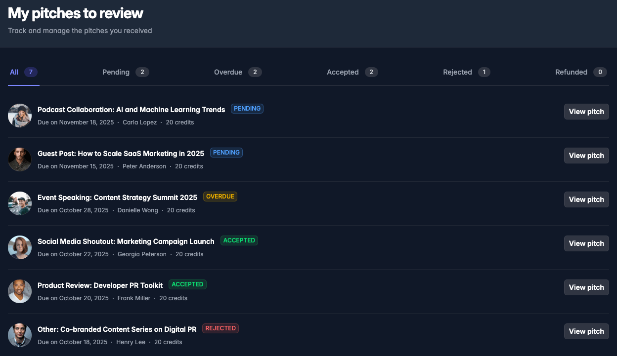 One convenient dashboard to manage all the pitches you receive